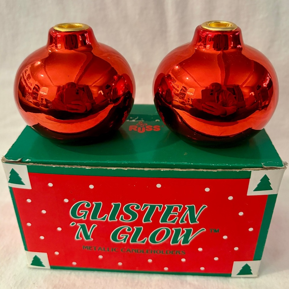 Russ Glisten N Glow Metallic Candleholders Christmas Red Bulb 2.5” Vintage BOX